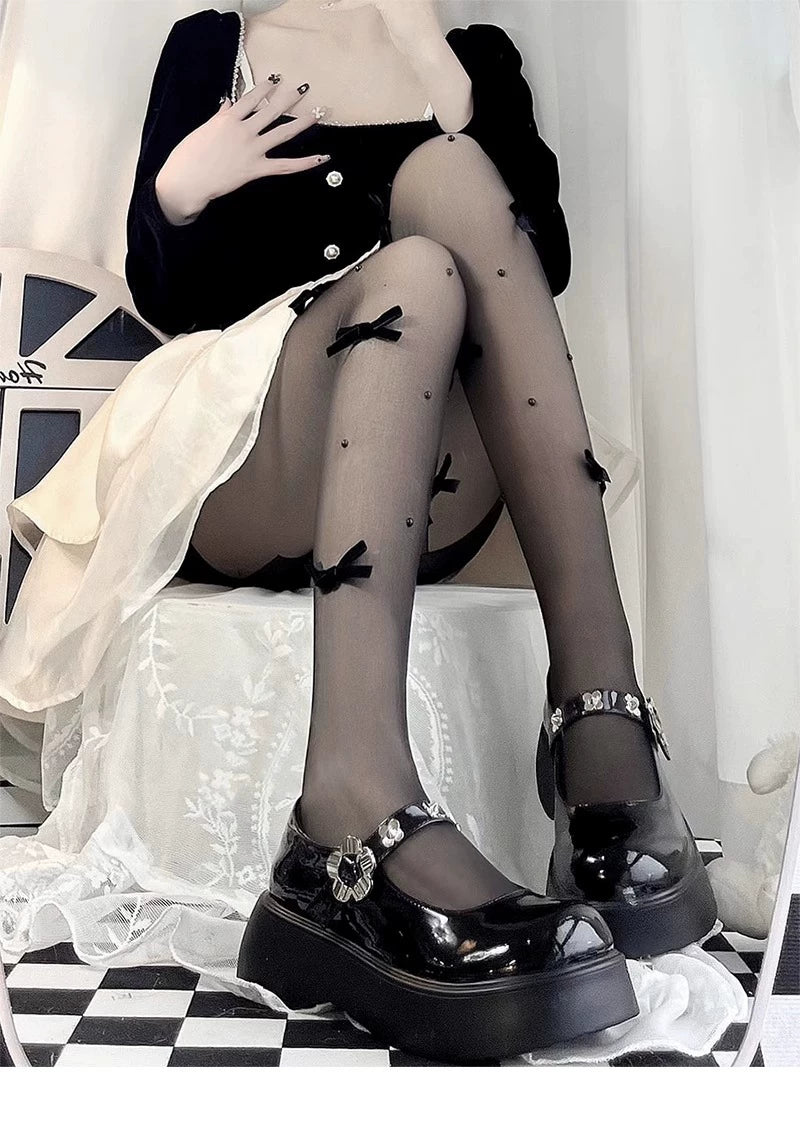 Floral Milk Cat - Pearl Bow - Ultra-Thin Tights with Ribbon Bows