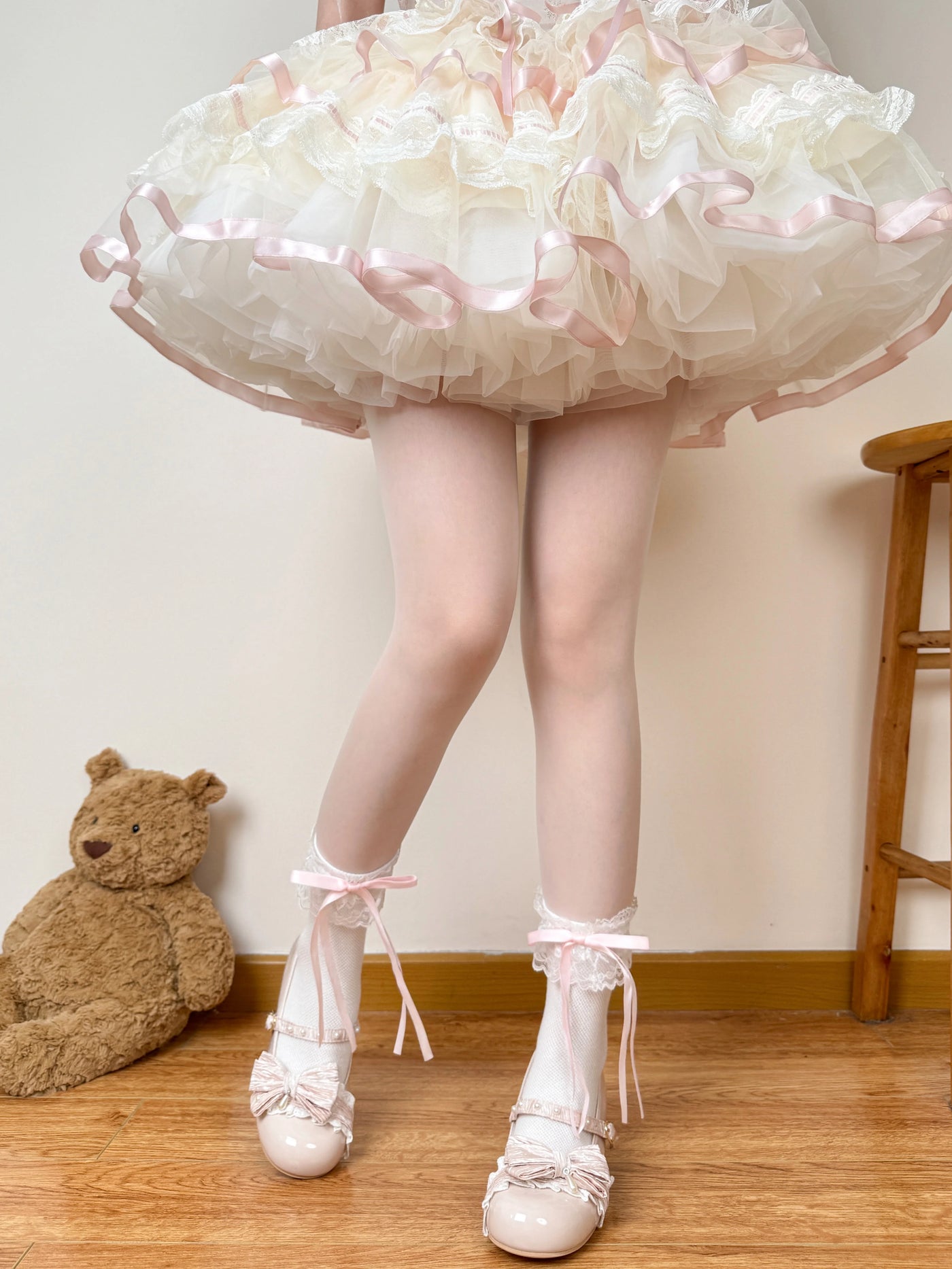 Chubby Bear Tales - Ballet Ribbon - Pink, White, or Black Mid-Calf Socks with Lace