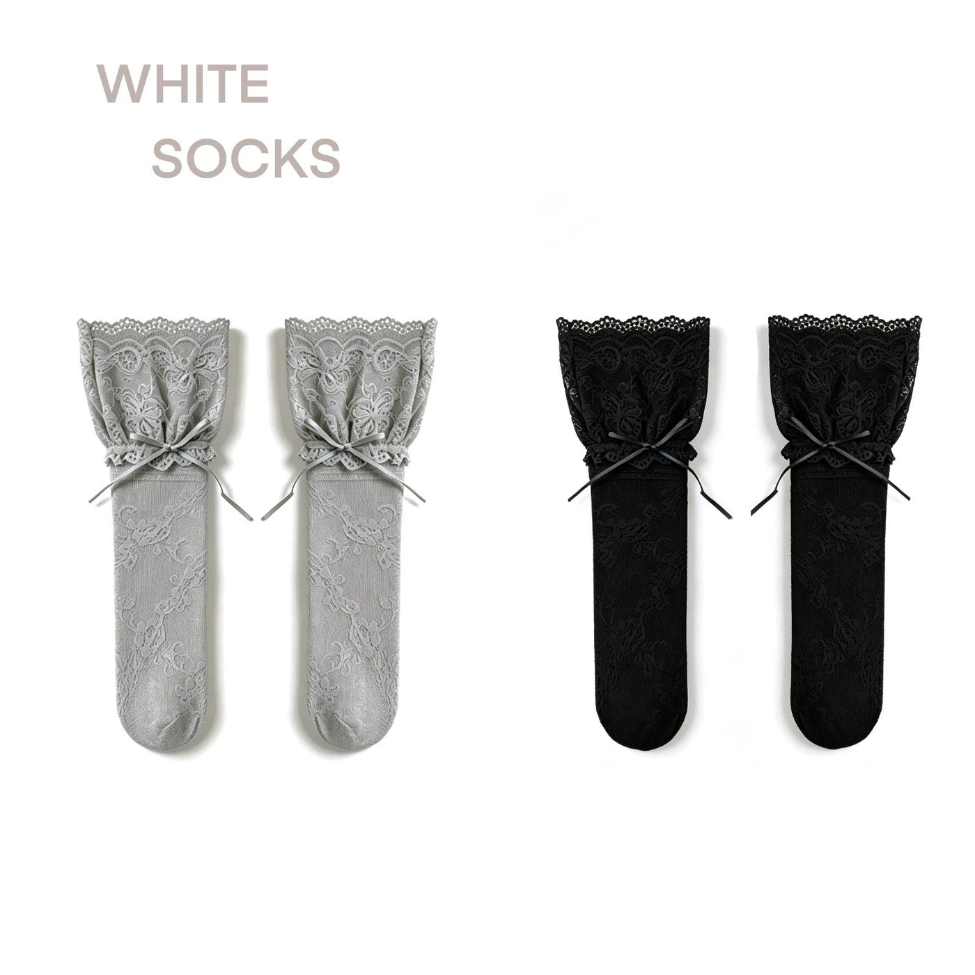 White Socks lace mid-calf socks in grey and black with scalloped cuffs and ribbon ties