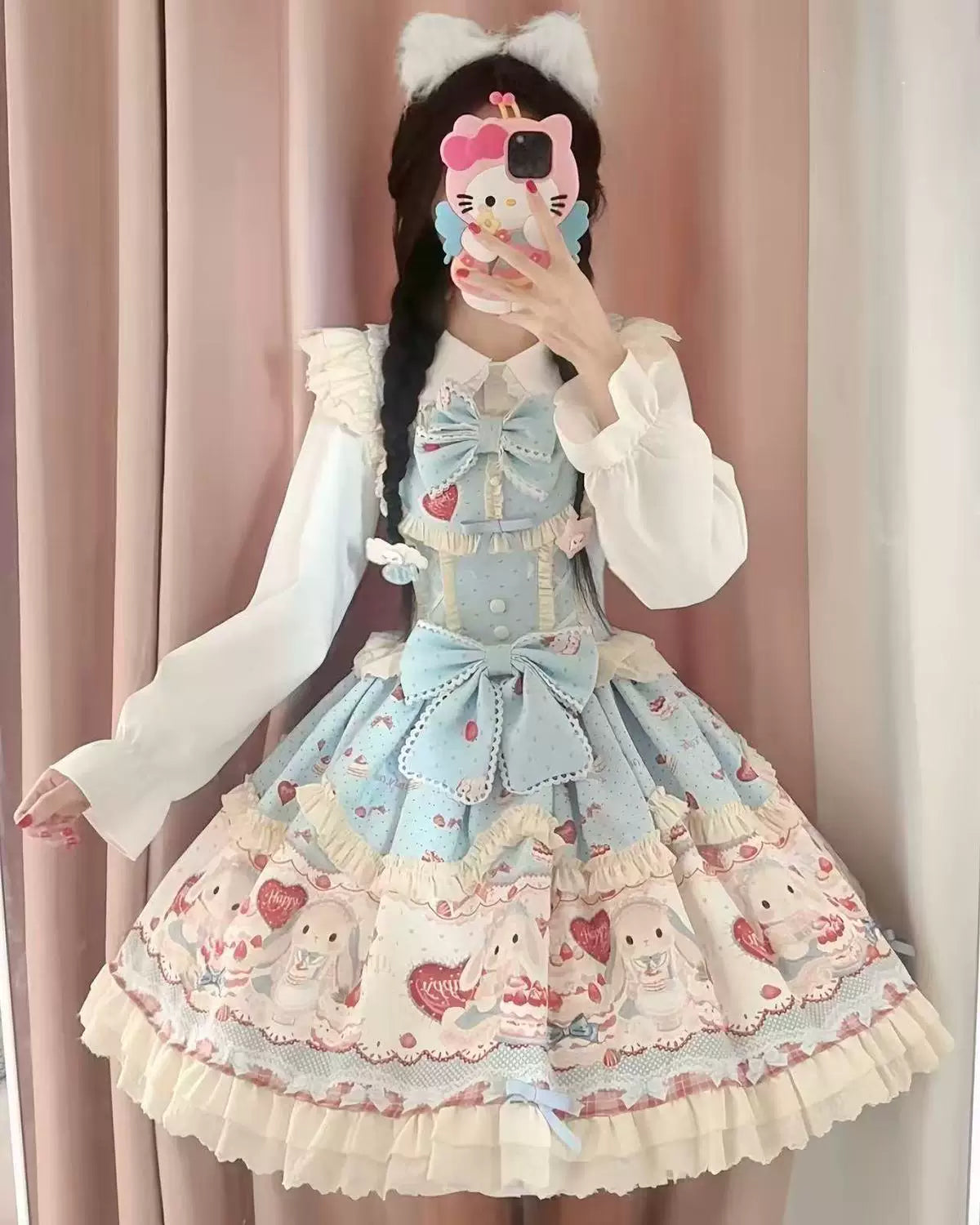 Sweetheart Dream Machine - Cute Rabbit Party - Rabbit-and-Cake Print JSK Dress with Cream Ruffles