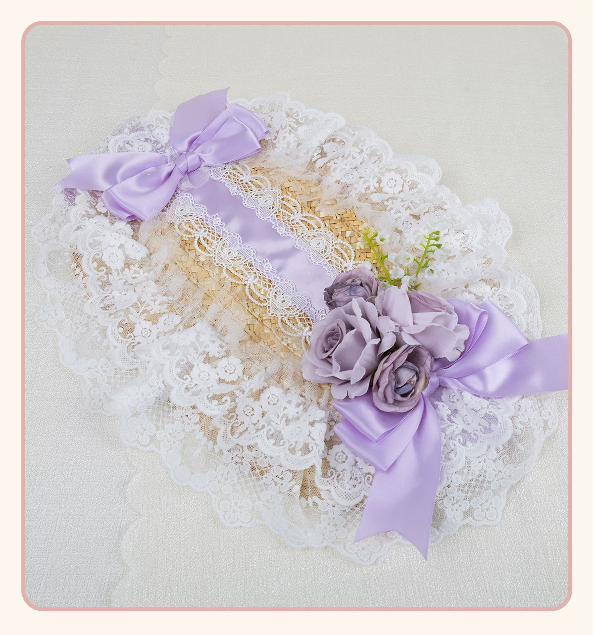 Stardust Rose - Garden Lace Bow - Flat Straw Hat with Lace Trim and Large Bow