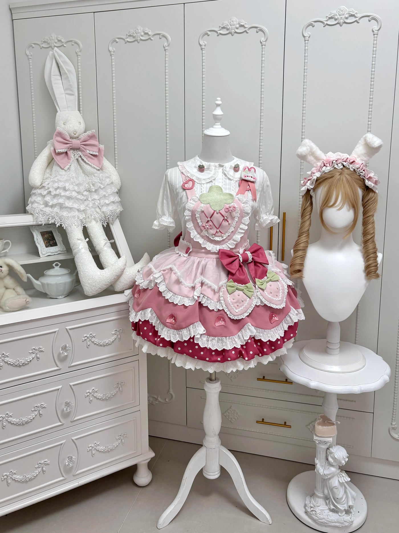 Jelly Girl - Strawberry Bunny & Strawberry Cat - JSK dress with layered ruffles and character motifs