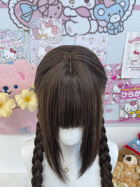 Kunkun Fish - Girl Next Door - 75 cm Twin-Plait Wig - Low-tied plaits [cool brown] with hair net & shaped sideburns