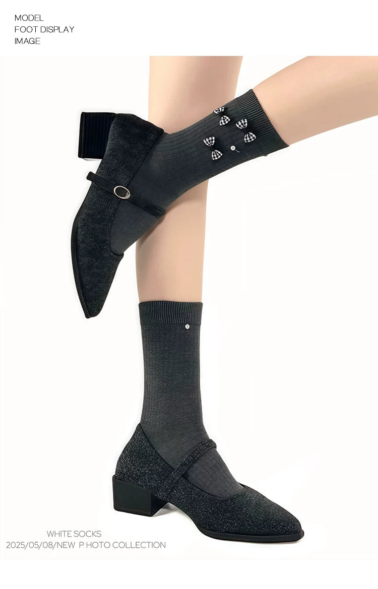 White Socks - Bow Rib - Mid-Calf Socks with Checked Bows