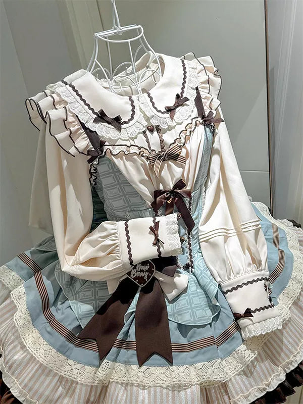 Mint blue and ivory JSK dress set with dark brown trim and lace-trimmed shirt