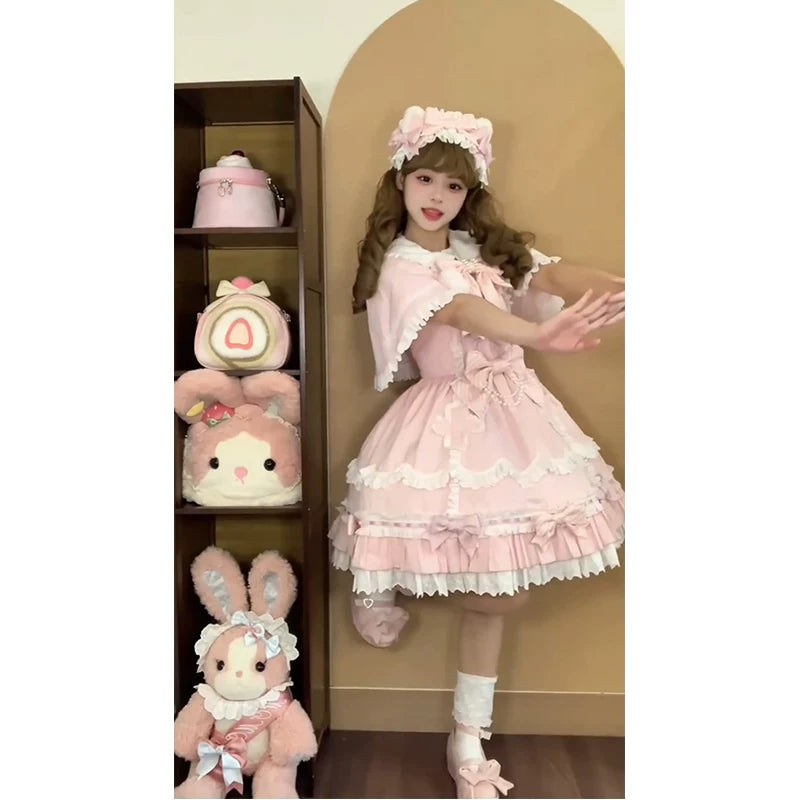 Creamy - Pink Cat Doll - JSK and Cape Set with Layered Ruffles
