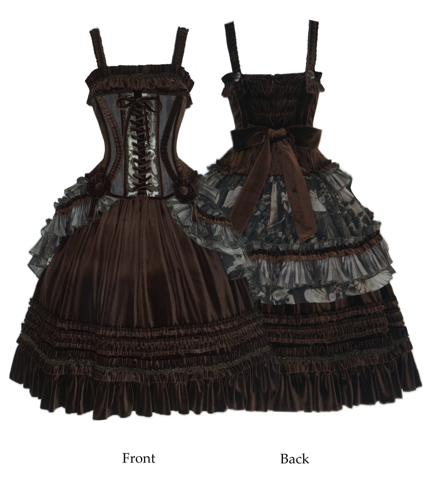 Nololita Dream in Dream JSK shown from front and back with a lace-up bodice and ruffled skirt.