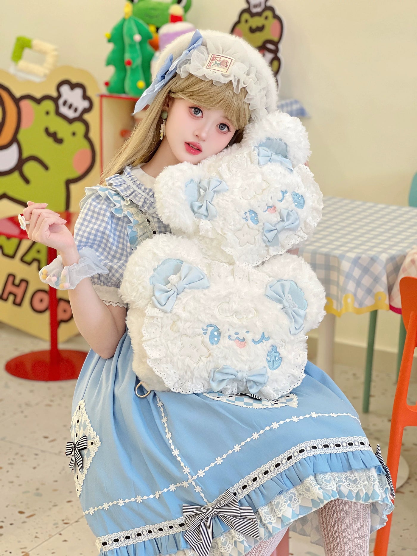 Molly Puppy - Bow Bear - Plush Bear Backpack with Pale-Blue Bows