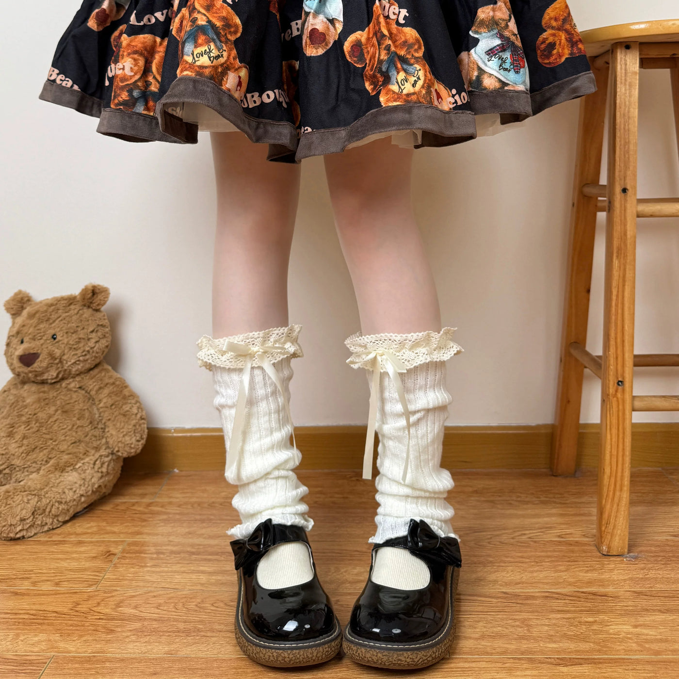 Chubby Bear Tales - Harajuku Knit - Lace-Bow Slouch Leg Warmers