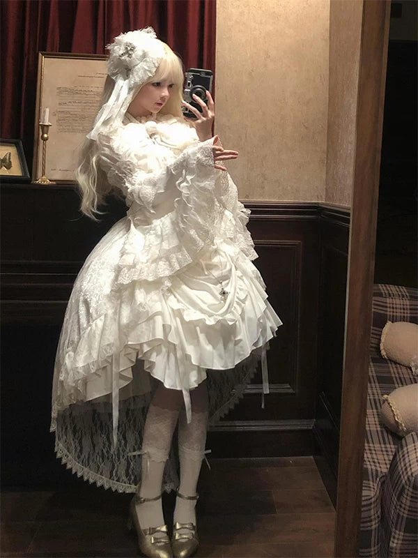 Creamy - White Gothic - White Lolita dress set with hime sleeves