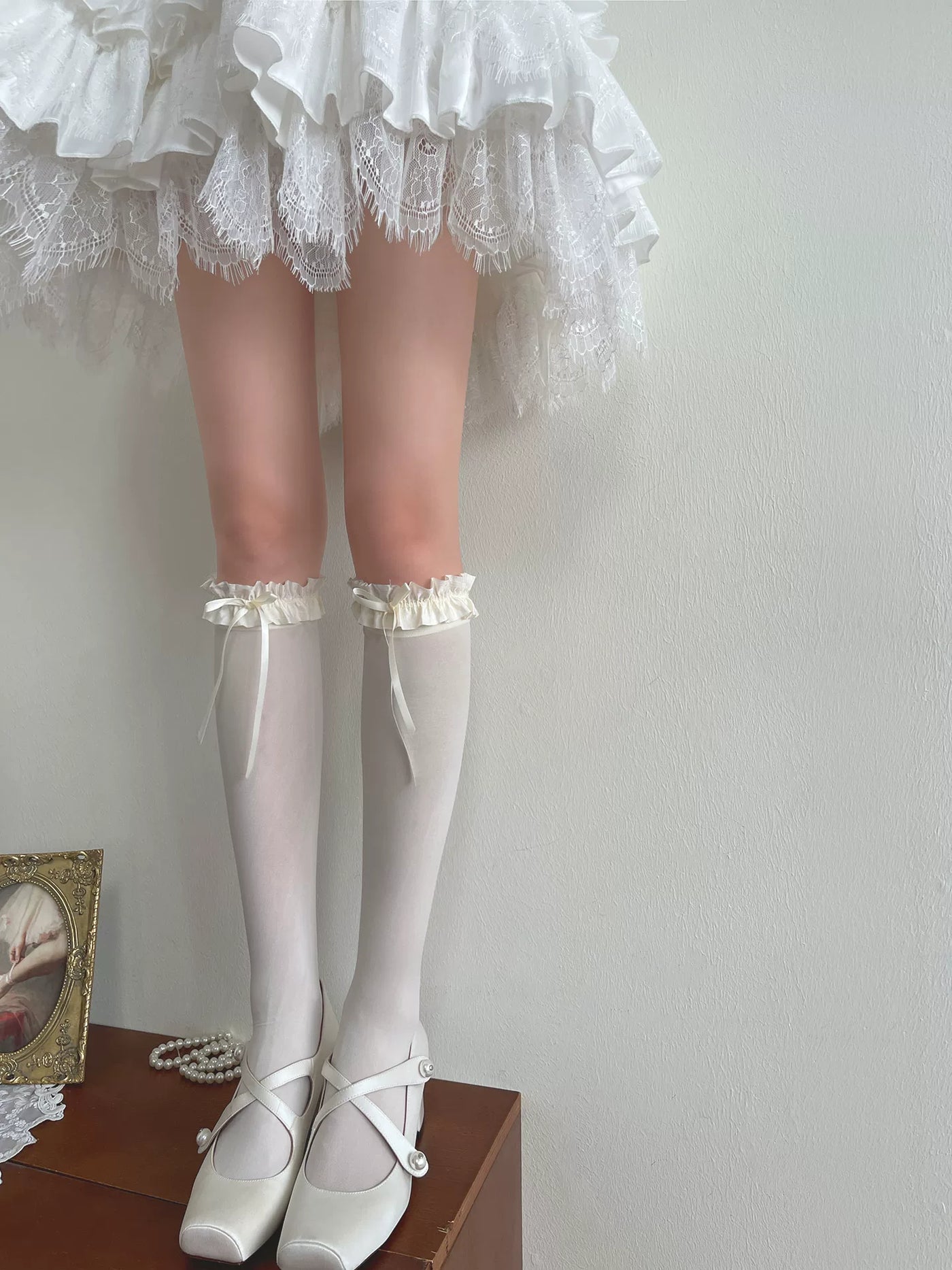 Sock Noble - Gray Ruffle - Velvet Slouch Socks with Bow-Tied Ruffle Cuffs