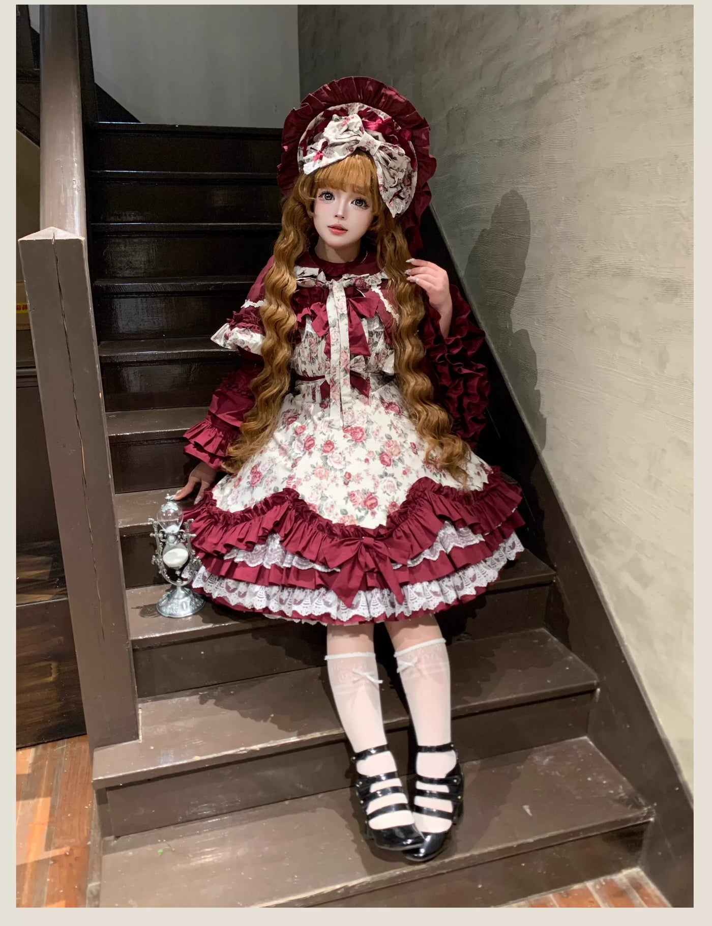 TaTaTa Lolita - Burgundy Rose - Floral Printed Old School Lolita JSK, Elegant Cape