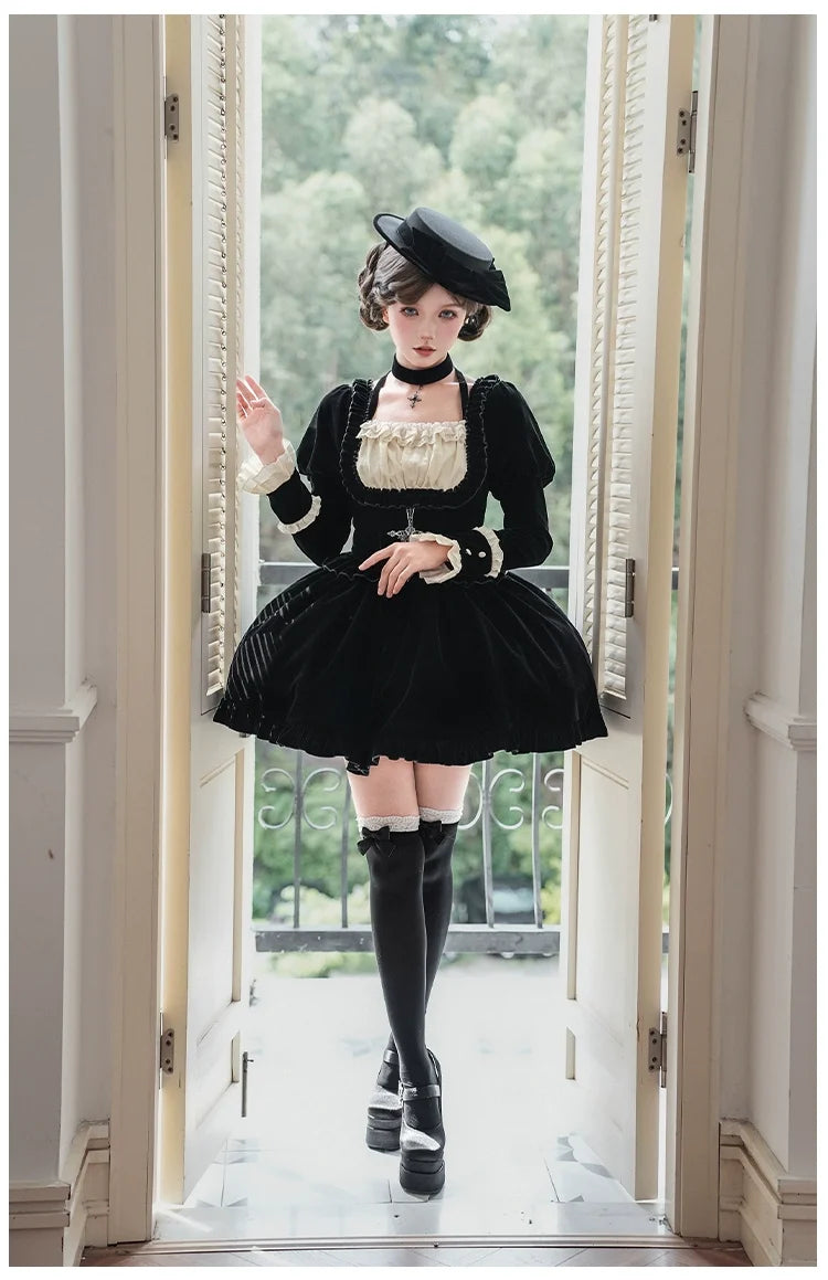 With PUJI - Apocalypse - Gothic Lolita Velvet OP Dress Set, Fishbone Waist