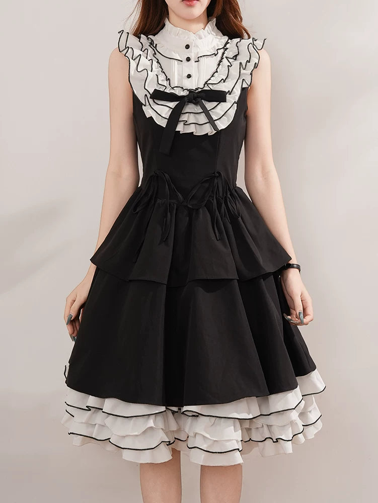 Miyou - Monochrome Polka-Dot Ruffle - Black-and-White Polka-Dot Paneled JSK Dress with Layered Ruffles