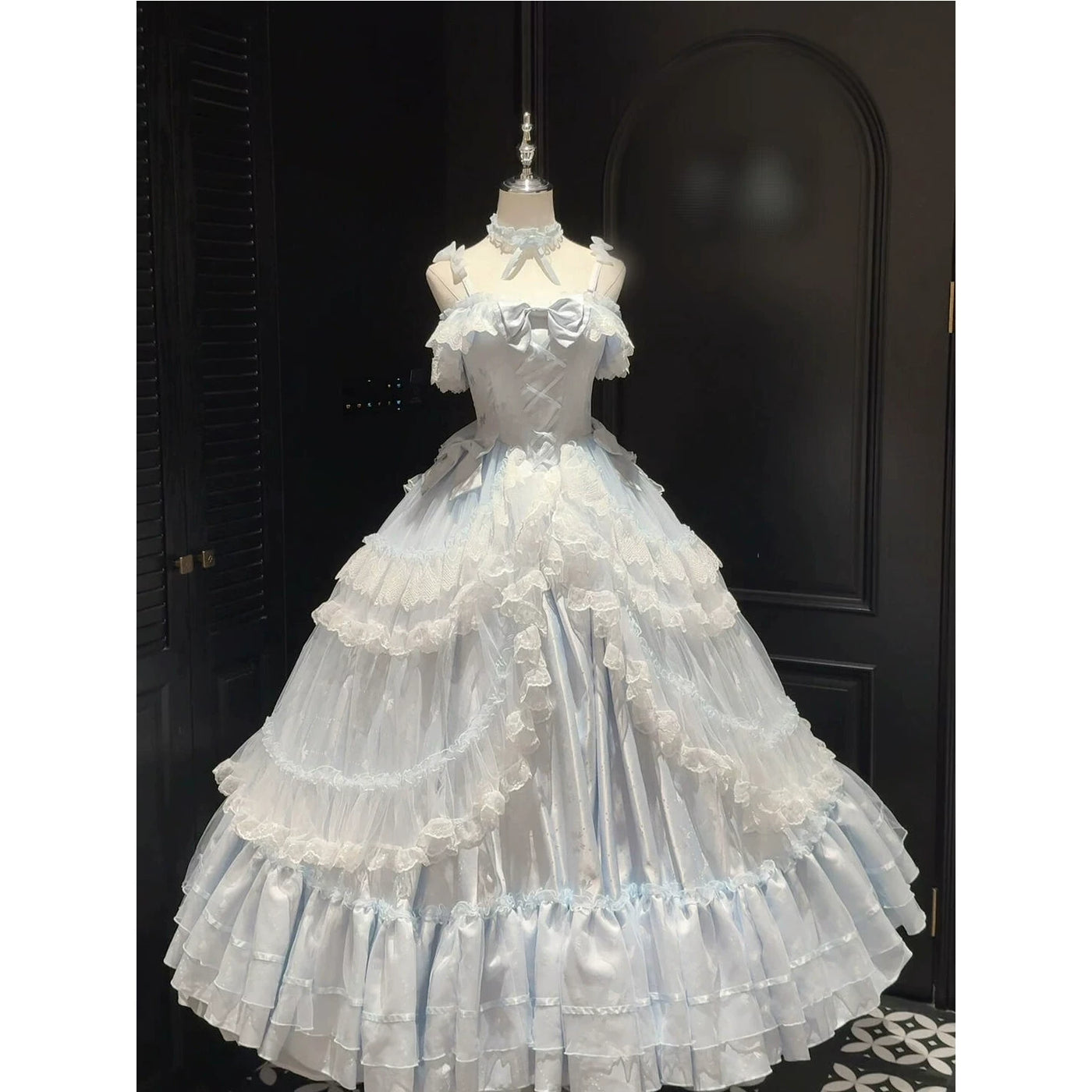 Creamy - Blue Princess - Blue Long Dress with Tiered Lace Ruffles