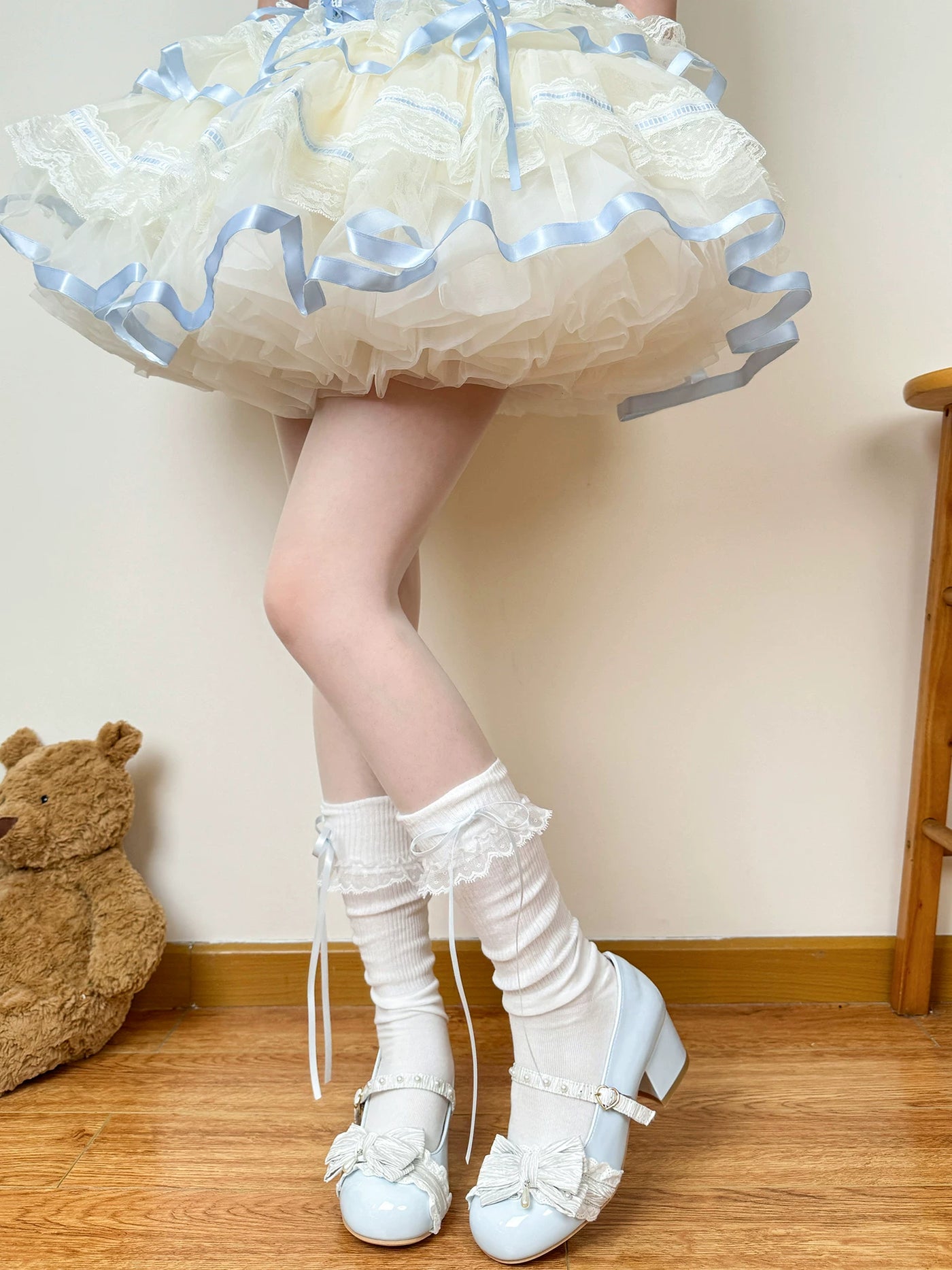 Chubby Bear Tales - Cream Ballet - Lightweight Calf Scrunch Socks with Lace Cuffs