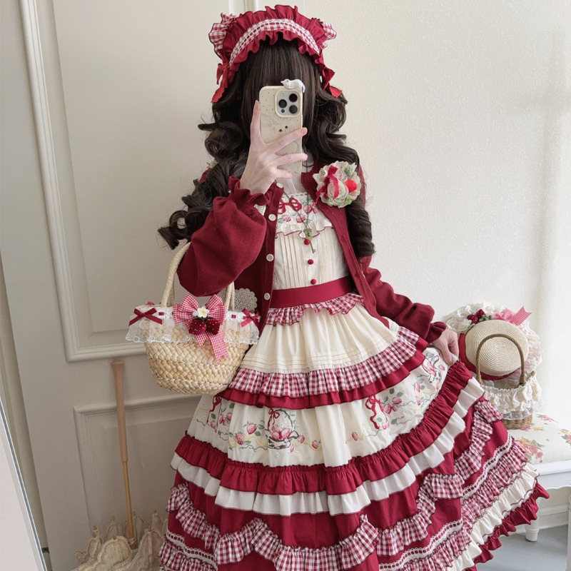Lady Han Strawberry Basket Sweet JSK dress by Lolita Fetch featuring a charming strawberry print and elegant design.