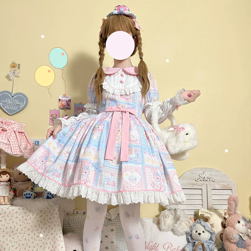 Lady Han Sweet Bunny Bear Lolita dress featuring a cute pastel design with bunny and bear motifs