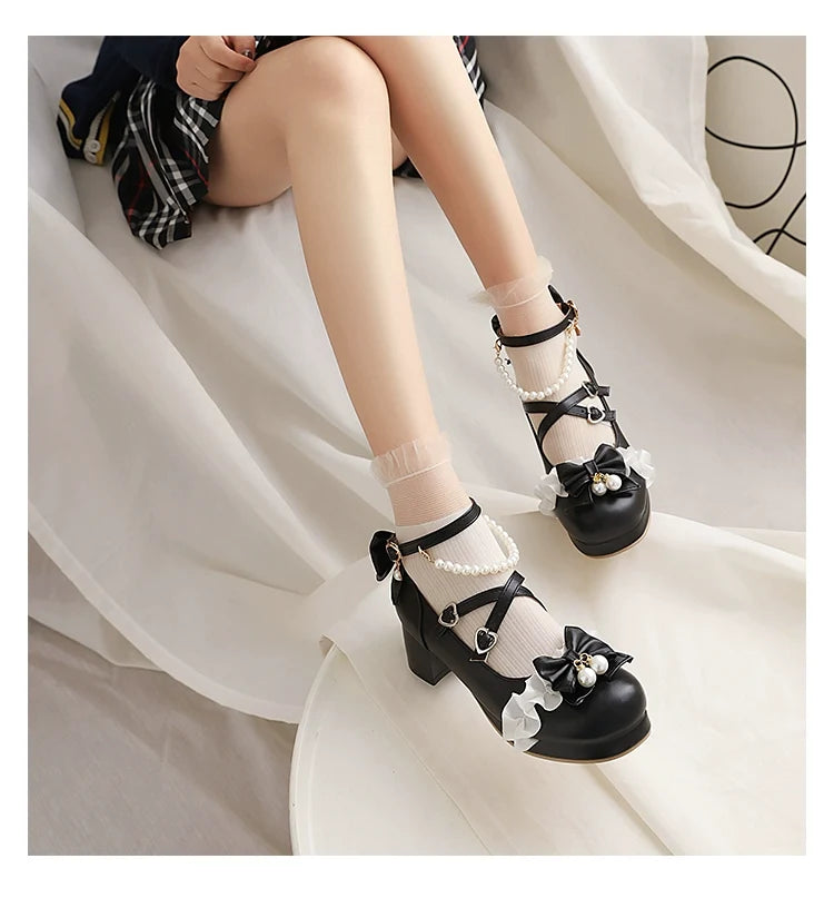 Yana - Round Toe Pearl Chain - Sweet Lolita shoes with a detachable pearl chain and bow - product detail 12