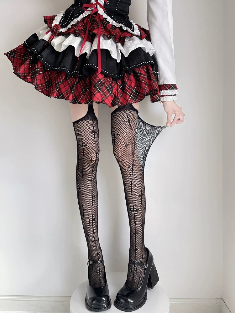 Fantasy Doll - Cross Web - Fishnet Garter Stockings with Cross Motifs