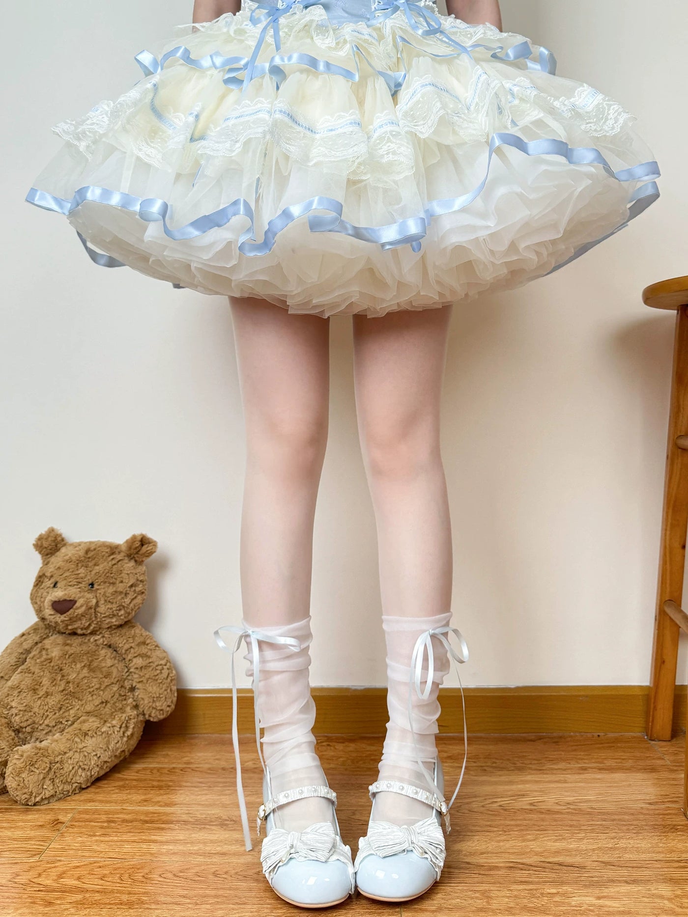 Chubby Bear Tales - Ballet Ribbon - Sheer Mid-Calf Socks with Long Ribbon Ties