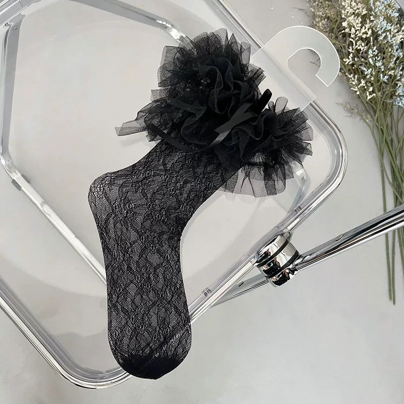Sock Noble - Cake Doll - Mid-calf socks with pleated mesh ruffles and floral lace