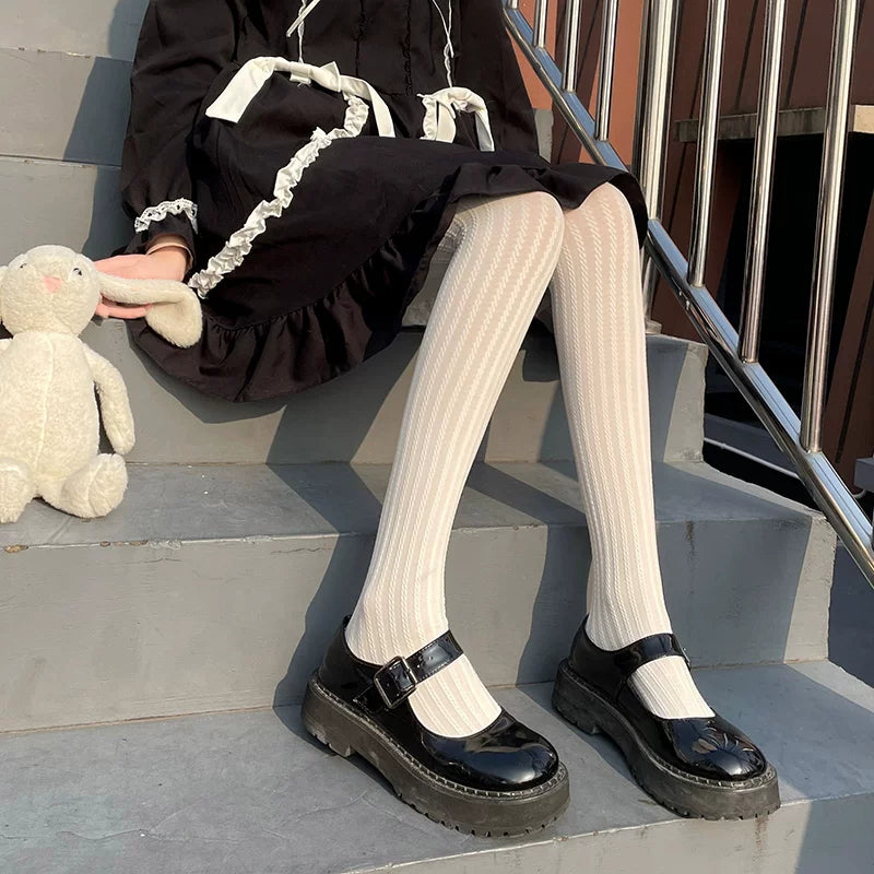 Floral Milk Cat - Milky Cable Motif - 140D velvet tights with a textured knit pattern