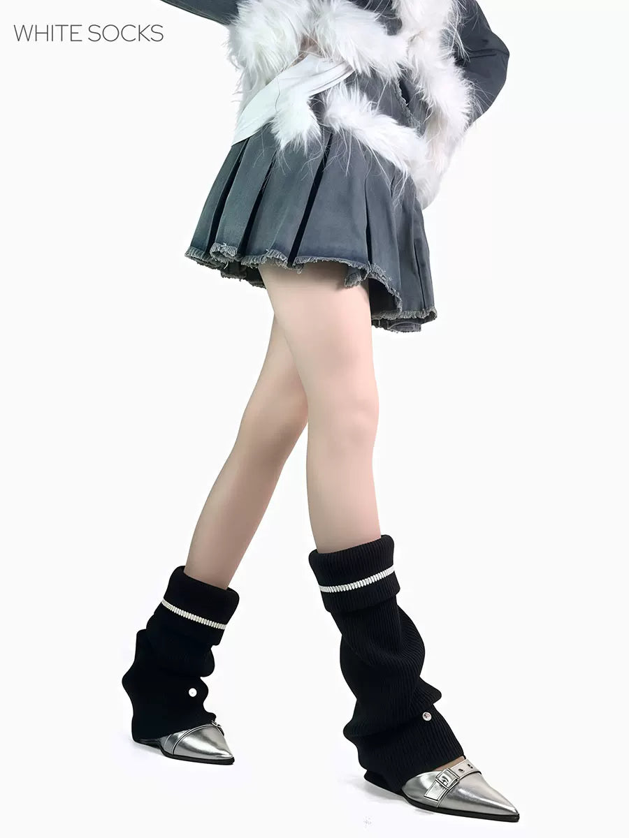White Socks - Metal Buckle Slouch - Socks with a scrunched leg-warmer shape and metal buckle detail