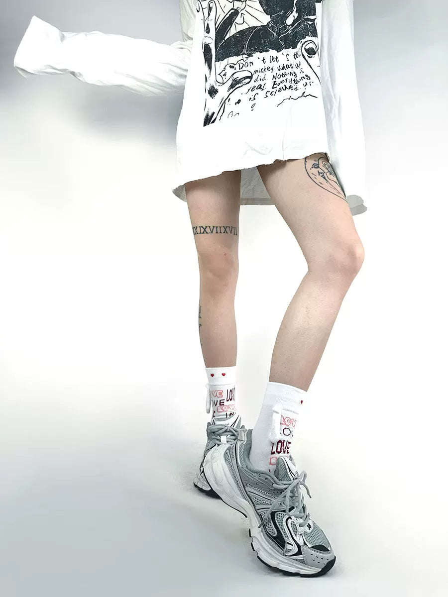 White Socks - Love Letter - Mid-Calf Socks with Red Heart Motifs