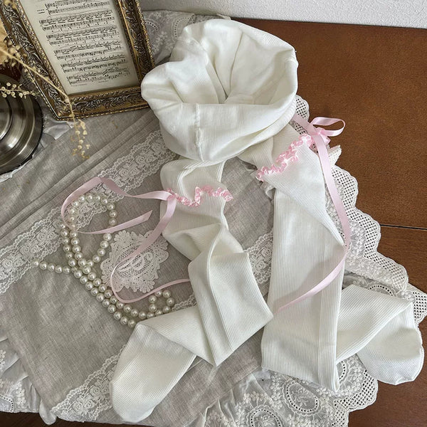 Ribbed lolita sock covers with pink ribbon ties, white pantyhose with pink straps variant