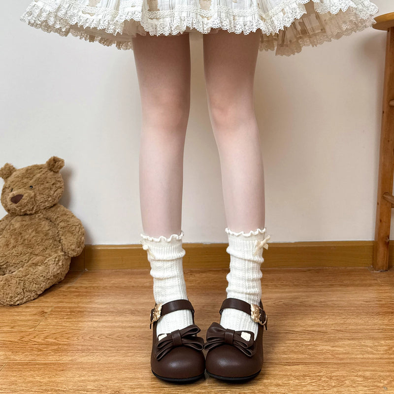 Chubby Bear Tales - Tao Tao Bow Layers - Mid-Calf Scrunch Socks with Lace Cuffs and Bow Accents
