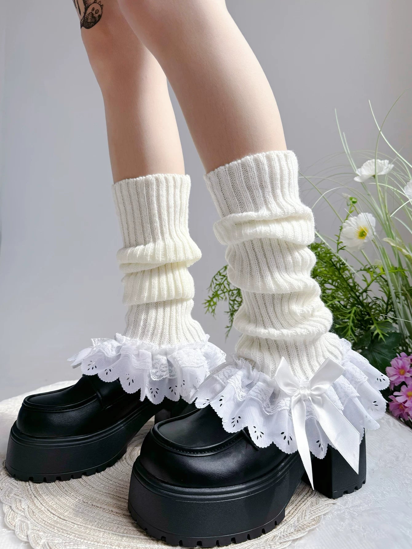 Fantasy Doll - Ruffled Bow - Calf Leg Warmers with Lace Trim and Bows