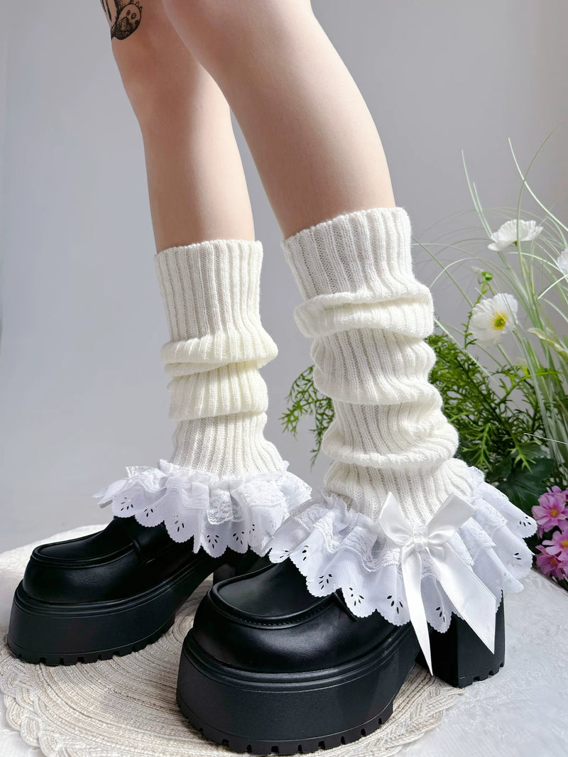 Fantasy Doll - Bowed Lace Layers - Knit Mid-Calf Leg Warmers with Lace Ruffles and Bows