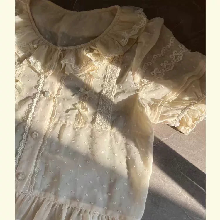 Sweetheart Dream Machine - Embroidered Dot Blouse - White or Ecru Lolita Blouse with Lace Ruffles and Bow Ties
