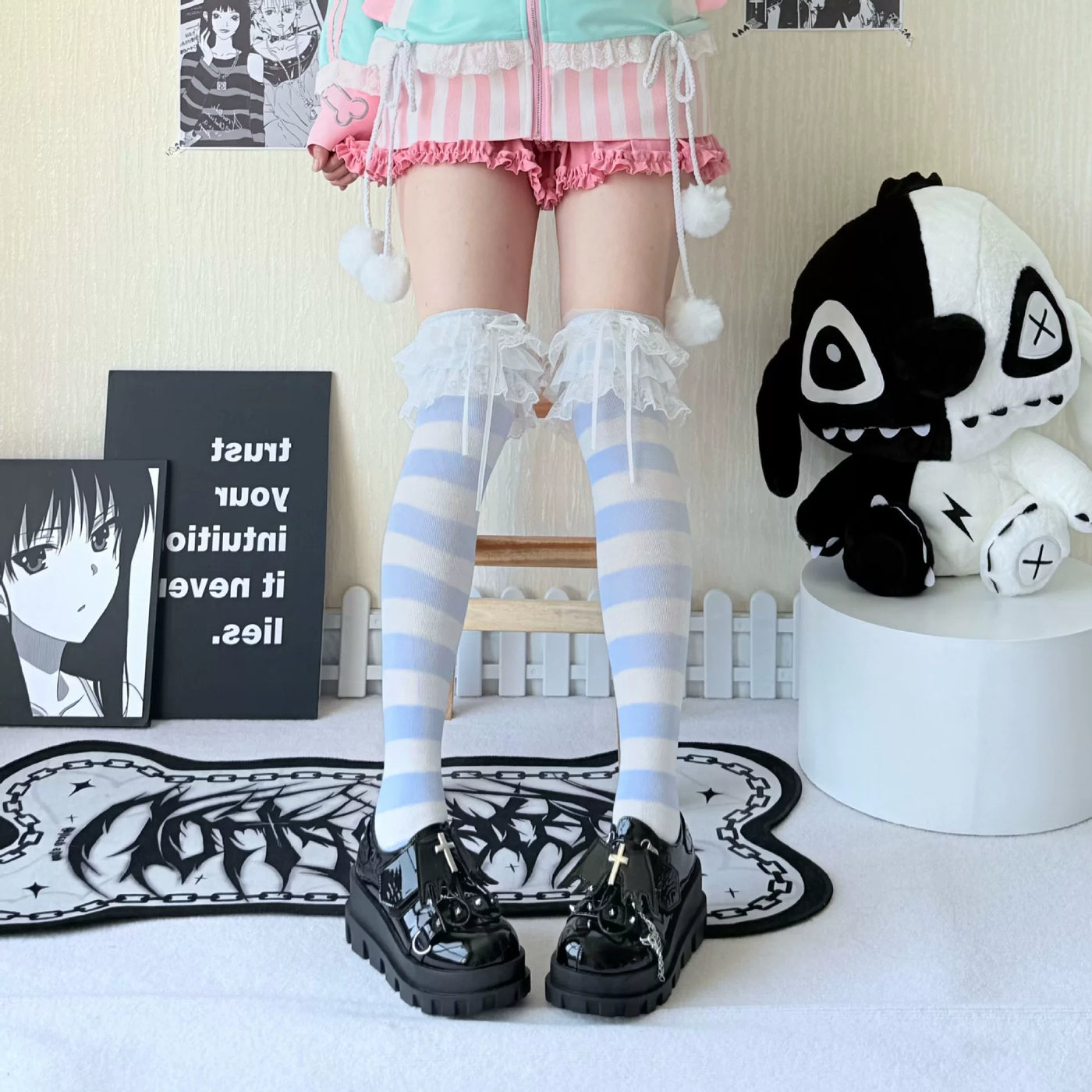 Fantasy Doll - Stripe Layer - Striped Over-the-Knee Socks with Gathered Cuffs