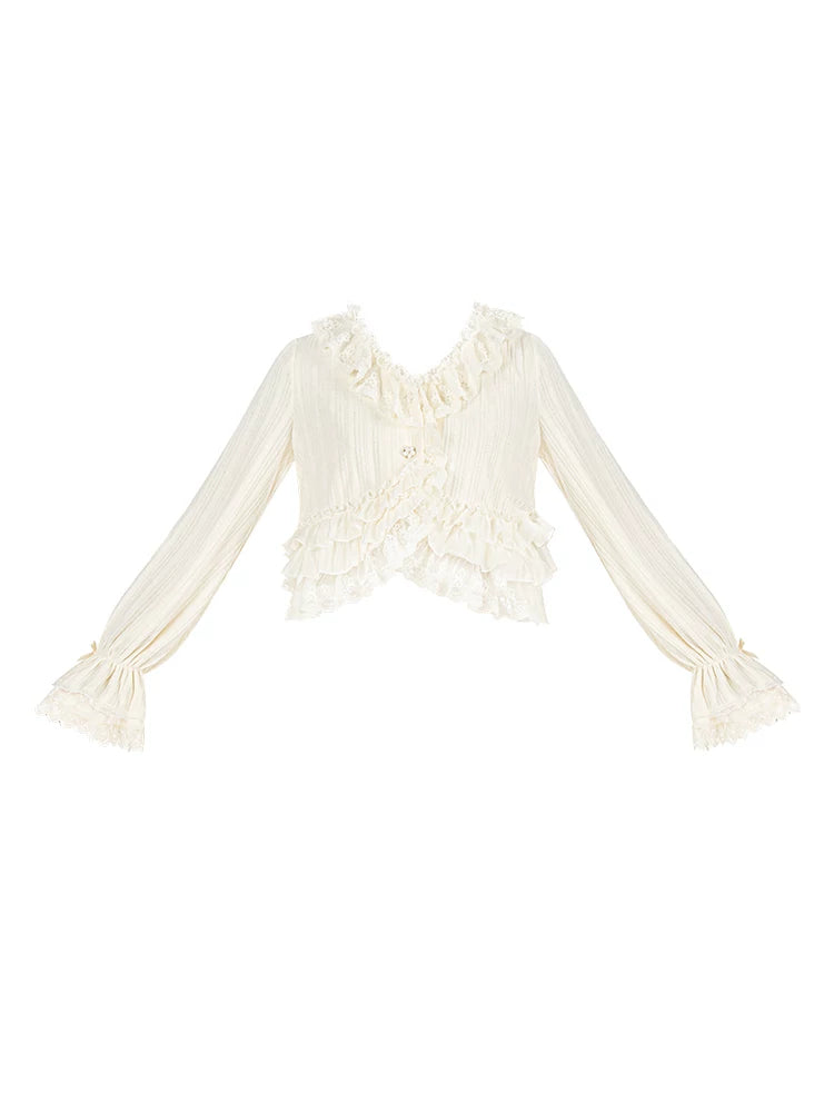 With PUJI - Bloom Period - Elegant Lolita Bolero, Layered Lace Ruffles detail view 5