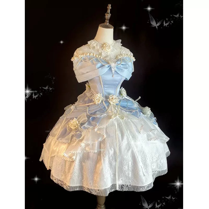 Flora Muse - Rose Encounter Lolita Ball Gown - Blue off-shoulder