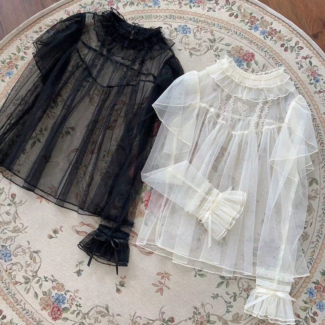Sweetheart Dream Machine - Sheer Lace Mesh - Blouse with layered ruffles and natural or black options