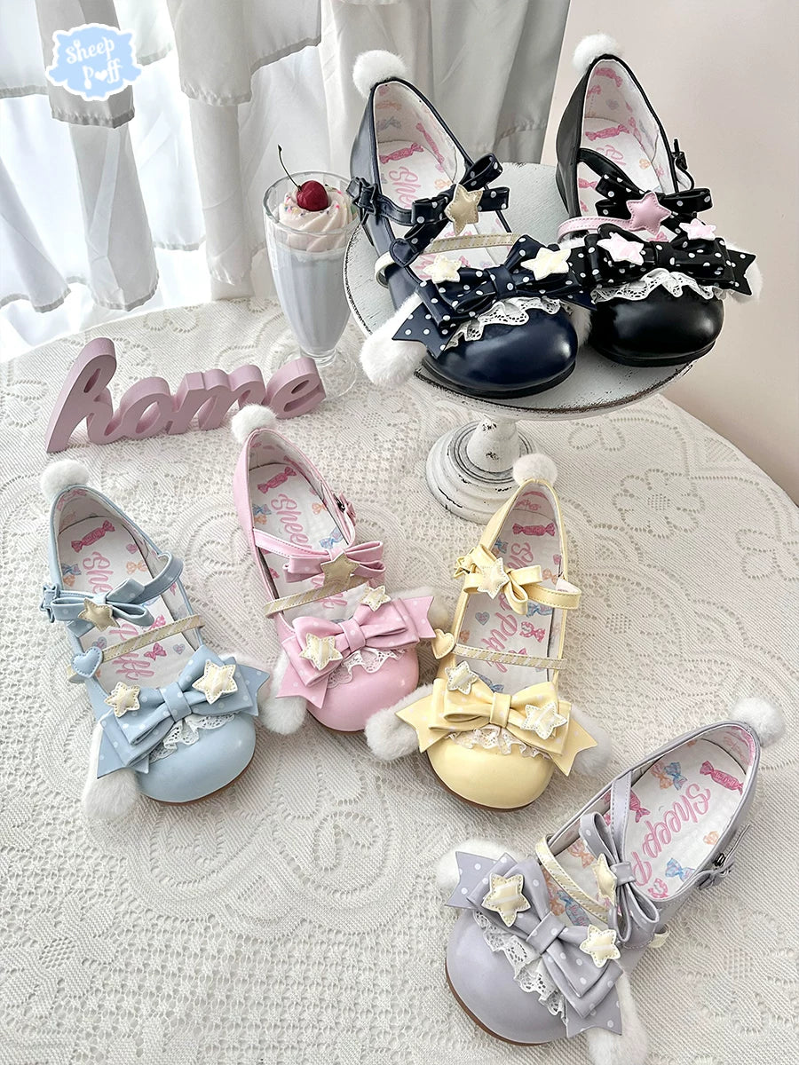 Sheep Puff Puppy Gummy Pro Lolita Shoes in pastel pink with playful sheep and puppy gummy designs, featuring lace-up details.