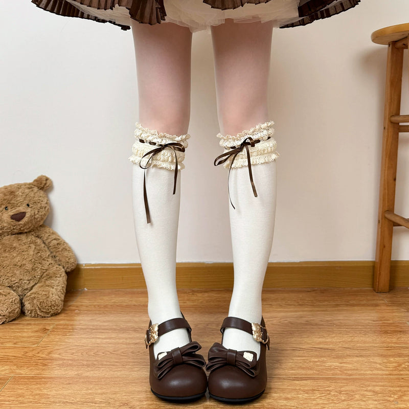Chubby Bear Tales - Caramel Cocoa - Lace-Ruffle Socks with Ribbon Bows