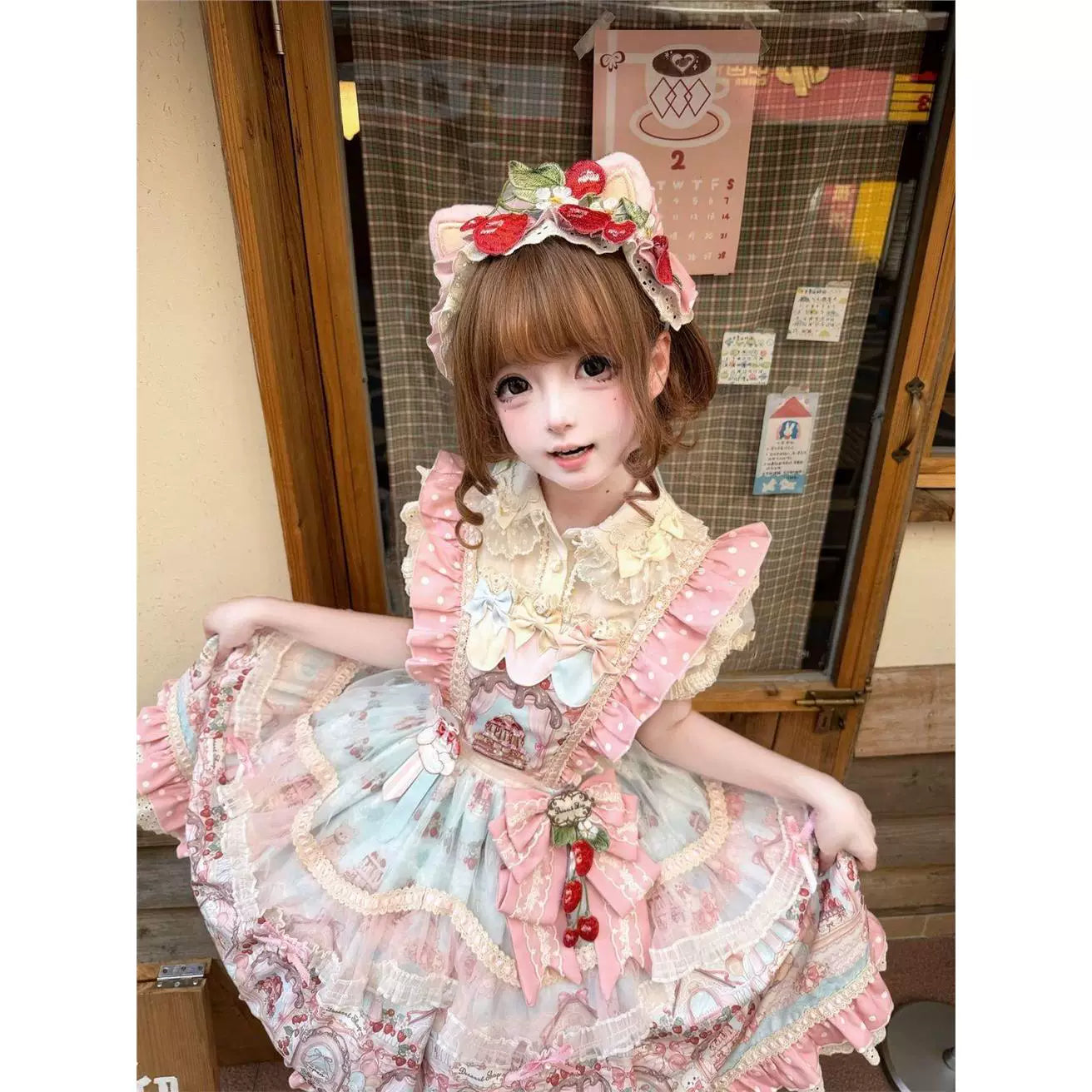 Sweet Lolita JSK dress in pastel tones with dessert embroidery, tiered skirt, and strawberry charm waist bow