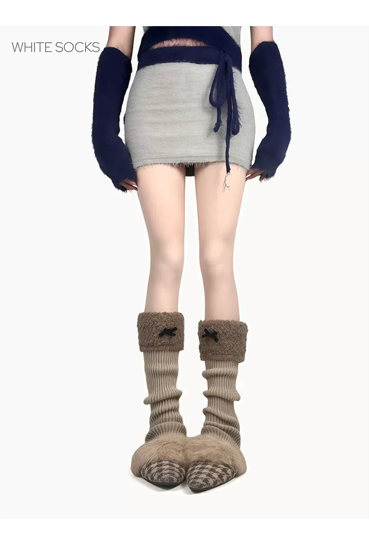 White Socks - Fleece Bow - Stirrup Knit Leg Warmers with Fleece Cuffs