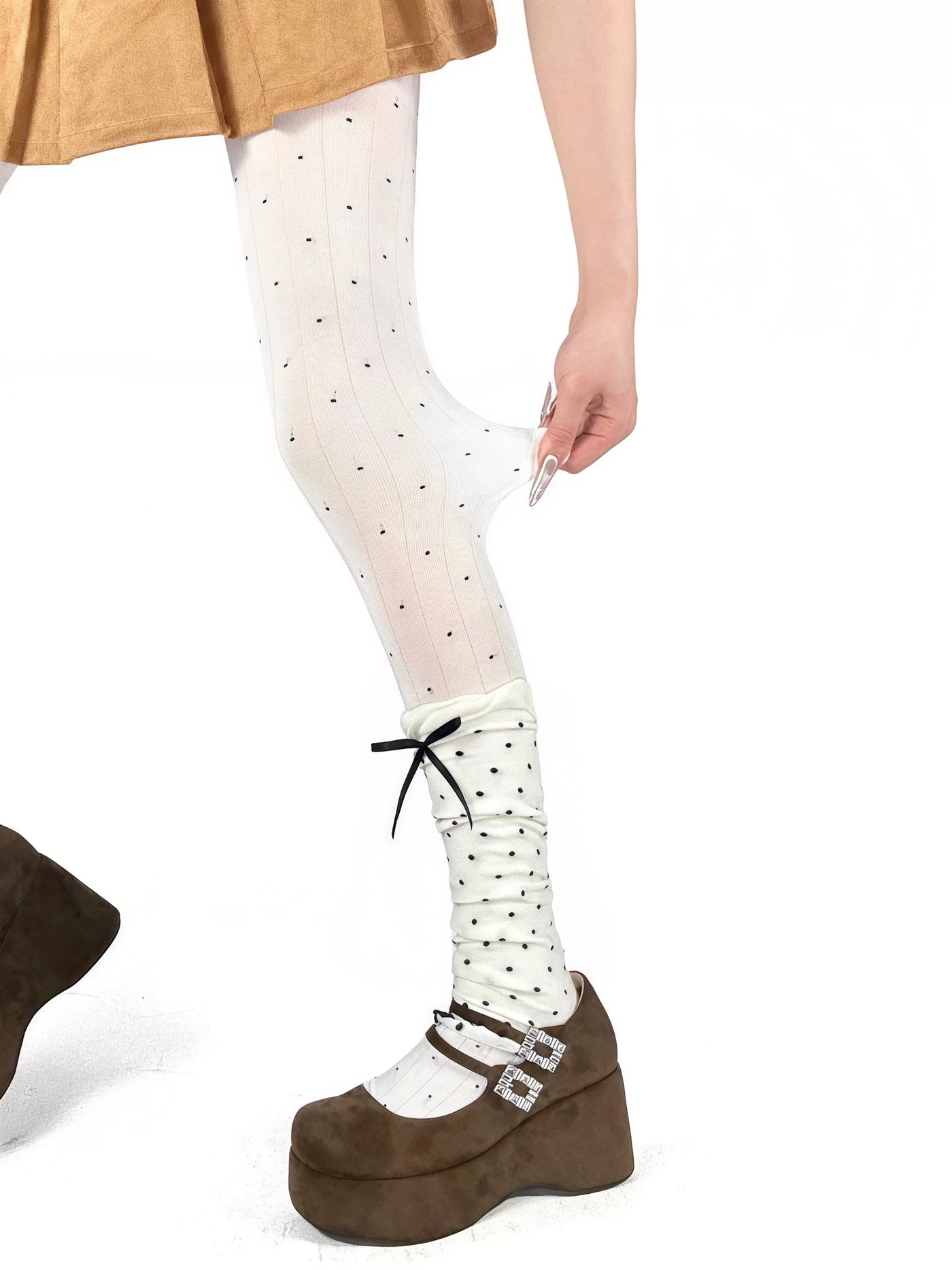 White Socks - Dot Stripe - Vertical-Stripe Tights with Scattered Dots