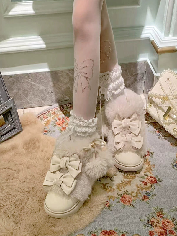 pinkyo Beige Bow Faux-Shearling Winter Ankle Boots — additional product view
