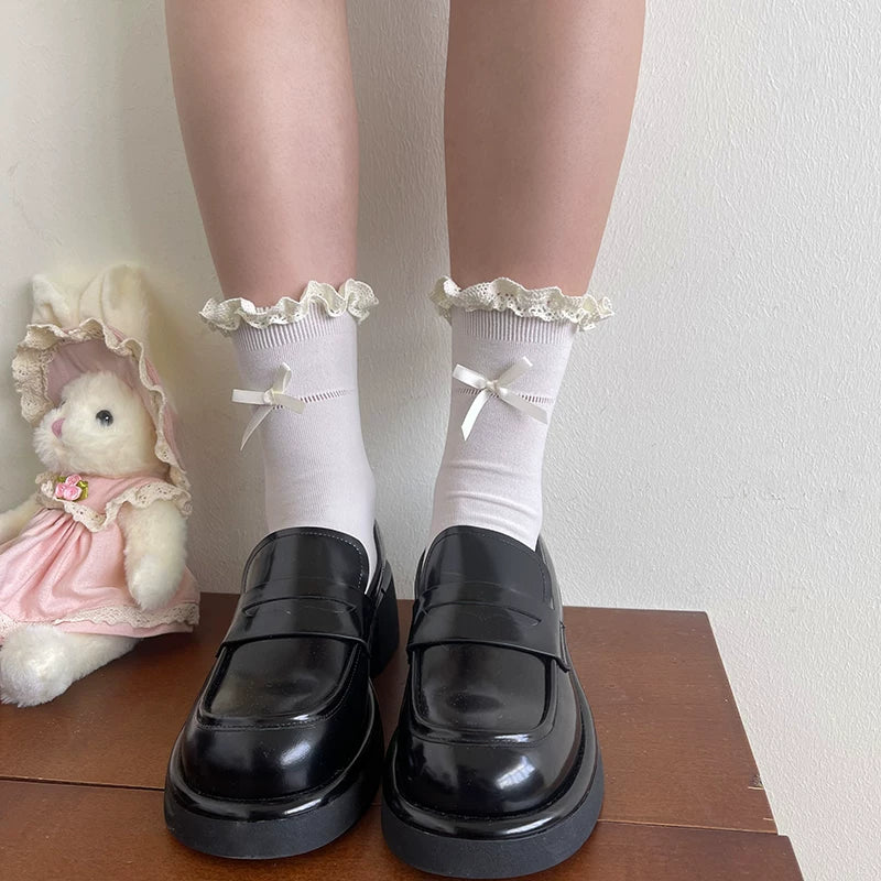 Sock Noble - Ribbon Frill - Cotton Socks with Lace Edging and Bow Accents