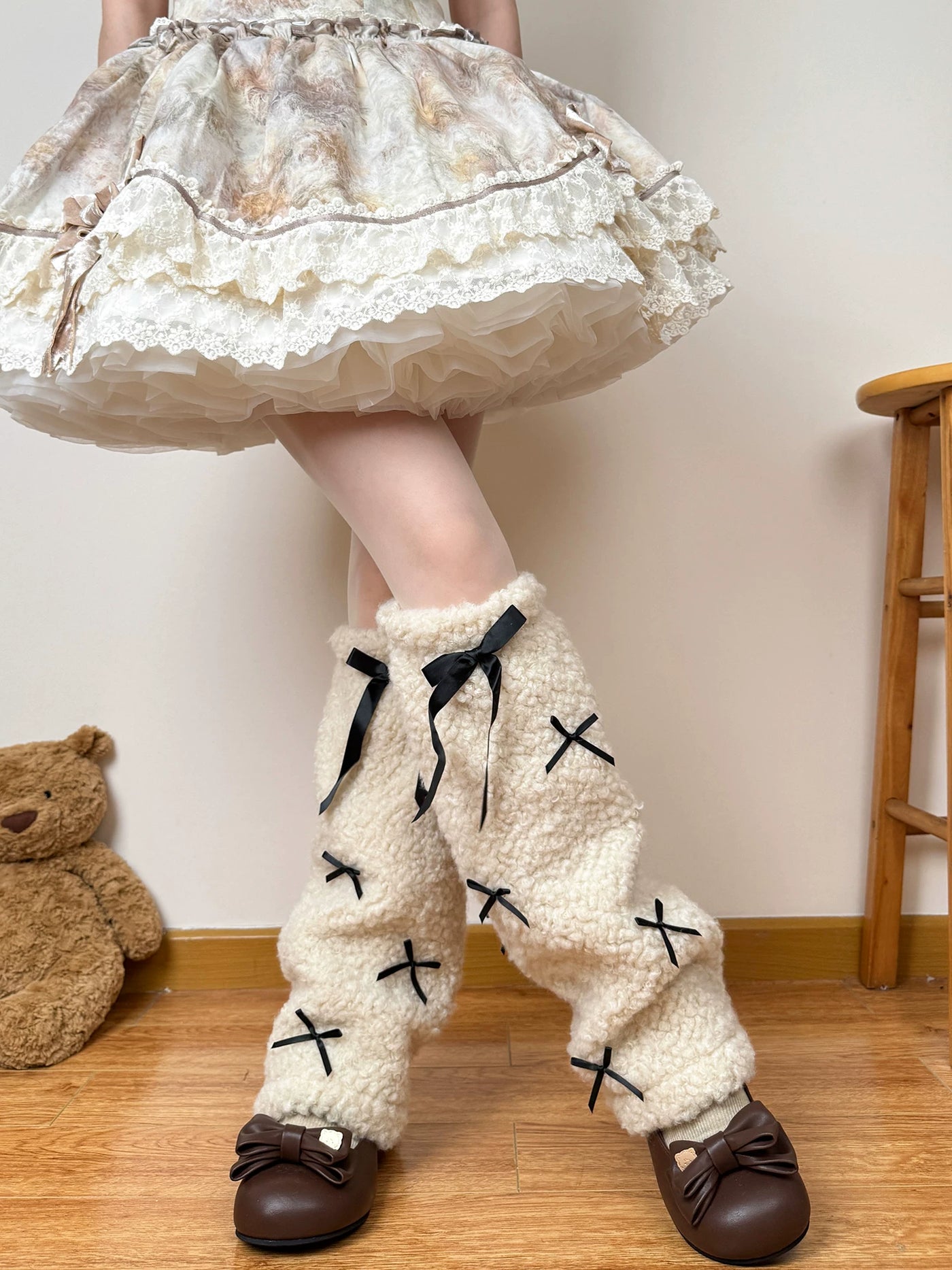 Chubby Bear Tales - Japanese Sweet - Plush Leg Warmers with Bow Ribbons