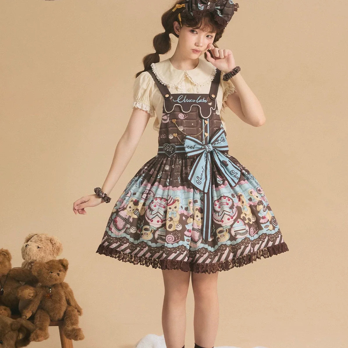 Sweet Dreams Baa Baa - Choco Bear-  High-Waist Suspender Lolita Dress