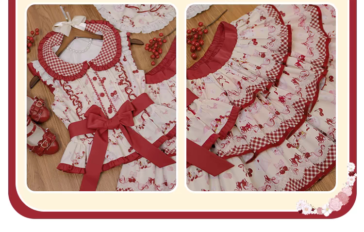 Dream Bunny - The Cherries Are Ripe - Cherry-Print Lolita Fashion Set with Gingham Ruffles