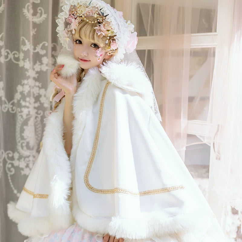 Snowflake Ballad Plush-Collar Lolita Cape — White