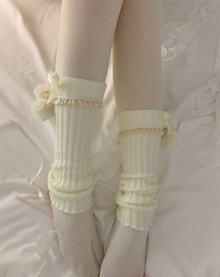 roji roji - Lace Pom-Pom - Knit Leg Warmers with Lace Edging, Ribbon Ties and Handmade Pom-Poms